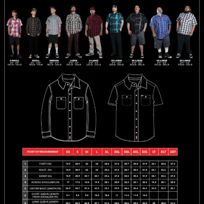 Dixxon Bamboo Long and Short Sleeve Shirt Size Chart