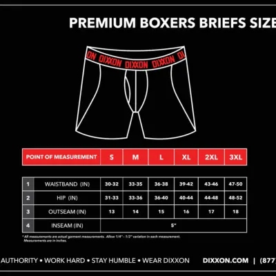 Dixxon Boxer Brief Size Chart
